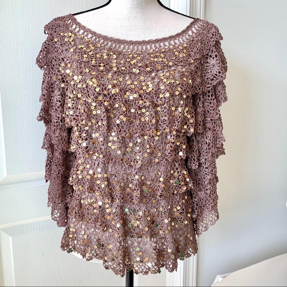 BOSTON PROPER Tiered Crocheted Top with Sequins—XS